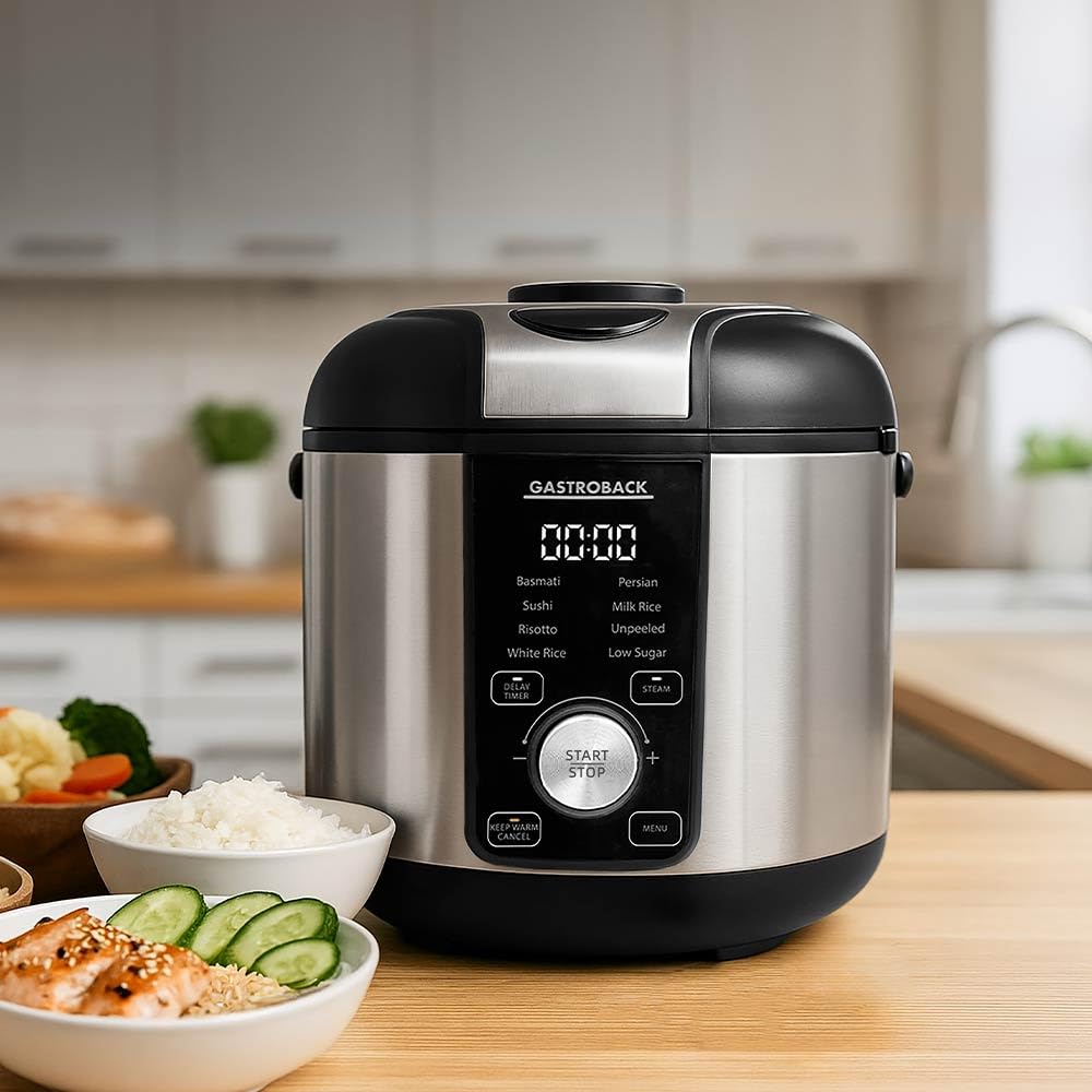 GASTROBACK Arrocera baja en carbohidratos de 3 litros con vaporizador de 500 W, 8 programas, incluye arroz Basmati, sushi risotto, olla interior antiadherente, apagado automático, función de