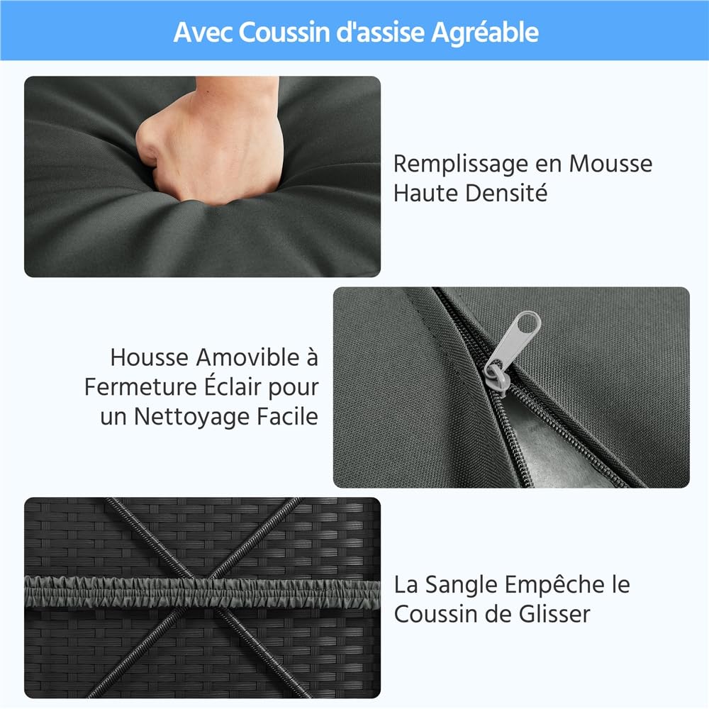 Yaheetech Poufs en Rotin pour Extérieur 2 pcs, Lot de 2 Ottomanes de Jardin en Rotin de Rangement avec Coussin 40 x 40 x 41 cm pour Amenagement Balcon Terrasse Noir/Gris