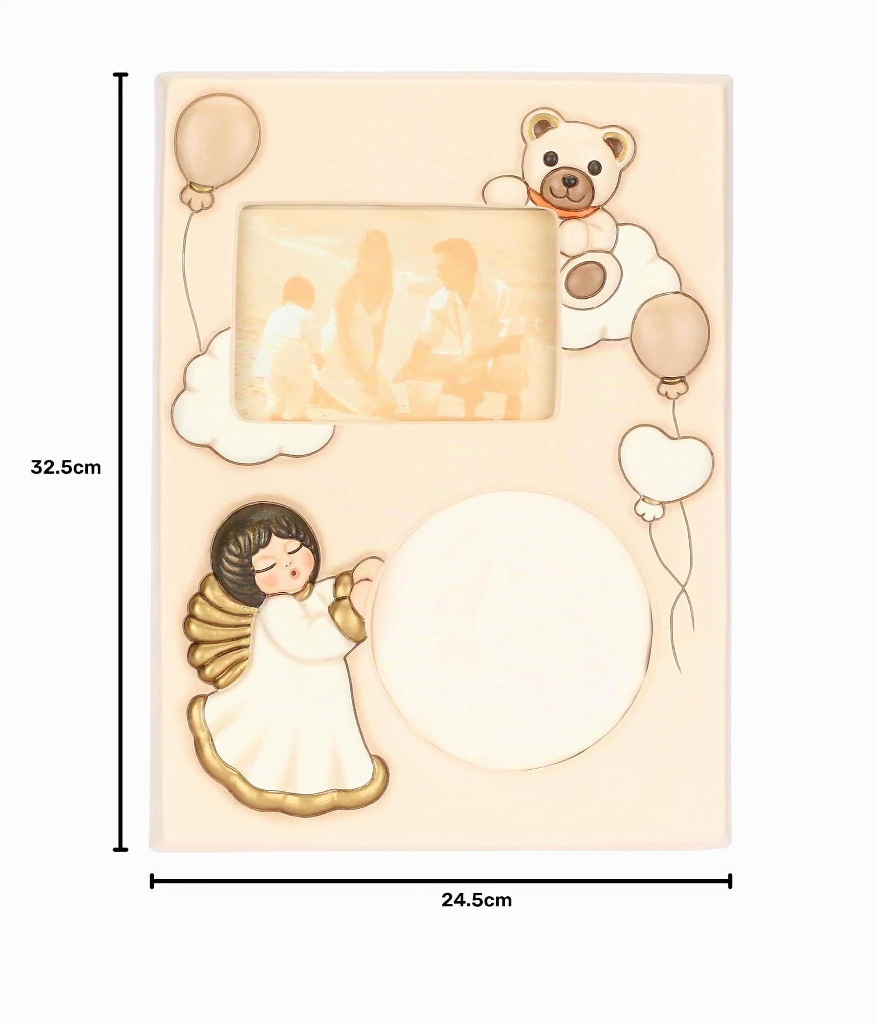 THUN, Portafoto con Calco Manina Angelo con Teddy in Ceramica Decorata a Mano, Linea Baby, 24.5 x 32.5 x 3 cm