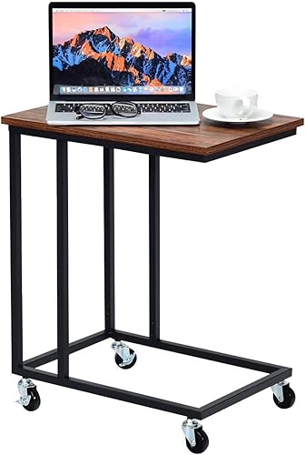CHEFJOY Mesa auxiliar móvil, mesa auxiliar en forma de C con ruedas y marco de metal, mesa auxiliar industrial para sala de estar, dormitorio