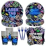 Xenorik Laser Tag Birthday Plates And Napkins Party Decorations Tableware - Neon Glow Shooting Game Laser Tag Birthday Party Supplies, Paper Plate, Cup, Napkin, Disposable Fork | Serves 24