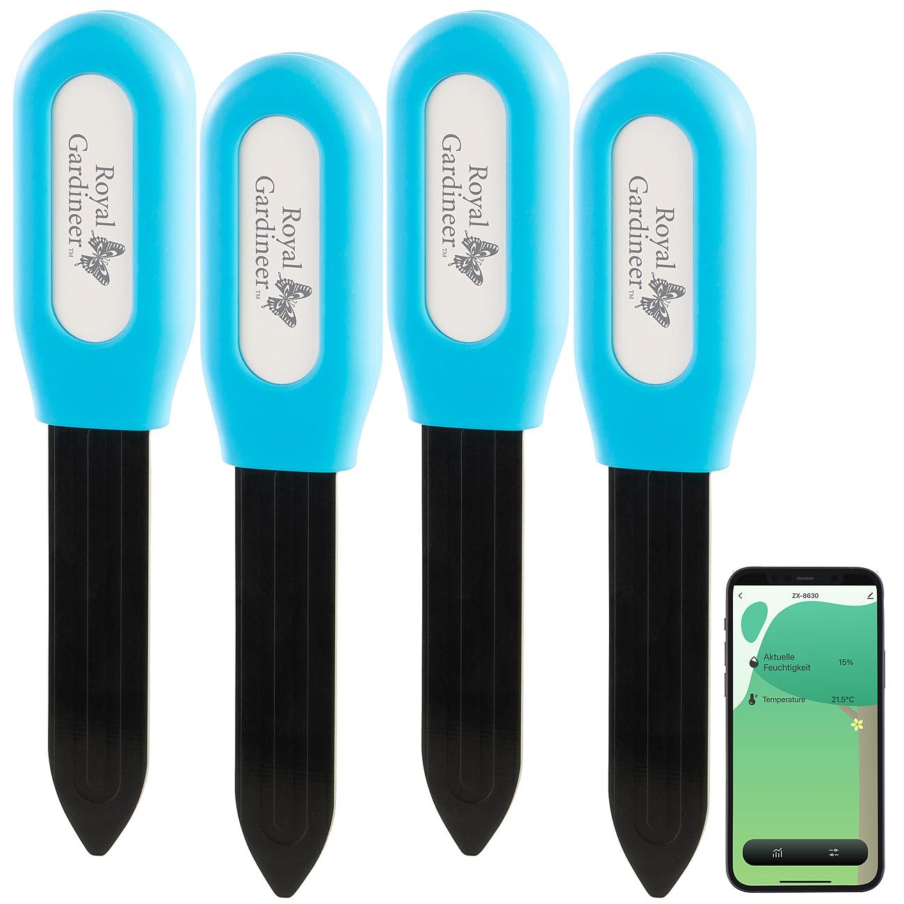 Royal Gardineer Pflanzenboden-Tester: 4er-Set smarte Pflanzen-Bodenfeuchtigkeits- & Temperatursensoren, App (Pflanzen-Feuchte-Messgeräte, Sensor, Home)