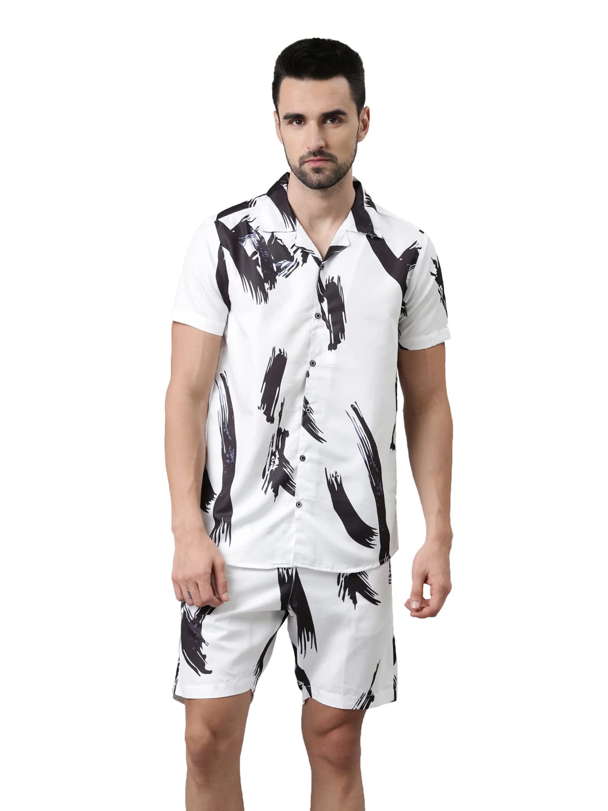 bushirt Men's Regular White Printed Pajama Set, Short Sleeves Button Front Night Suit, Relaxed Fit Co-Ords with Chinese Collar & Elastic Waist Pajamas, Stylish & Comfortable Sleepwear - L-picture-12