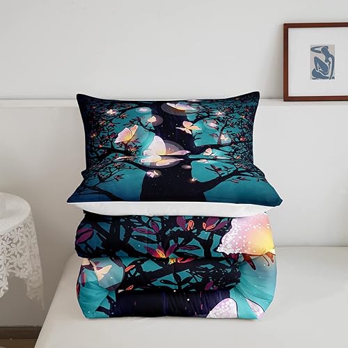 Miniatura 5 de Erosebridal Juego de edredón mágico tamaño Queen, juego de ropa de cama de mariposas rosas, hojas de árbol de hadas, ramas de naturaleza, edredón de