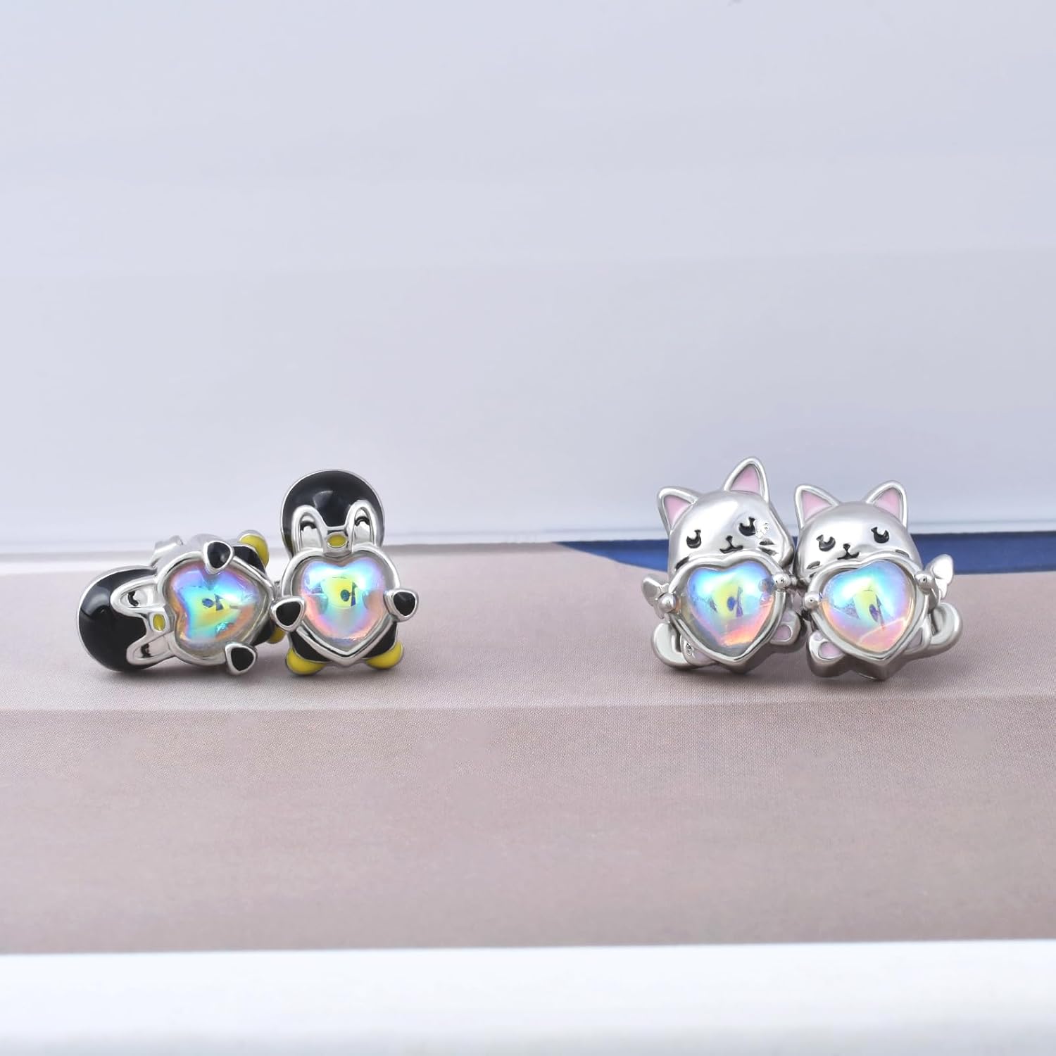 Silver Stud Earrings Set for Women – Sterling Silver Hypoallergenic Earrings Cute Cartoon Animal Earrings Penguin Earrings Cat Earrings Imitation Moonstone Heart Hug Earrings Jewelry Gifts - Image 5