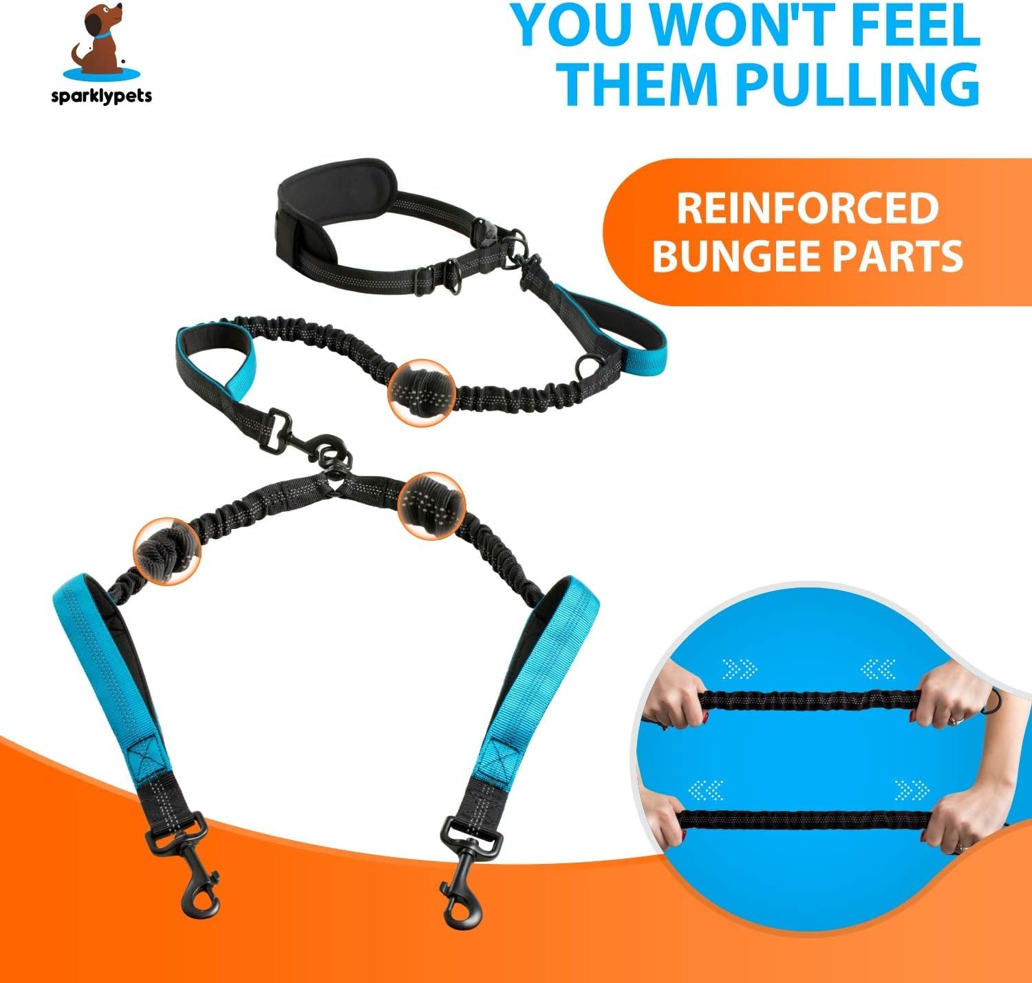 SparklyPets - Correa doble manos libres para perros hembras medianas y grandes - Asas acolchadas, costuras reflectantes, sin tirones, sin enredos, para caminar, senderismo, trotar, correa de cintura
