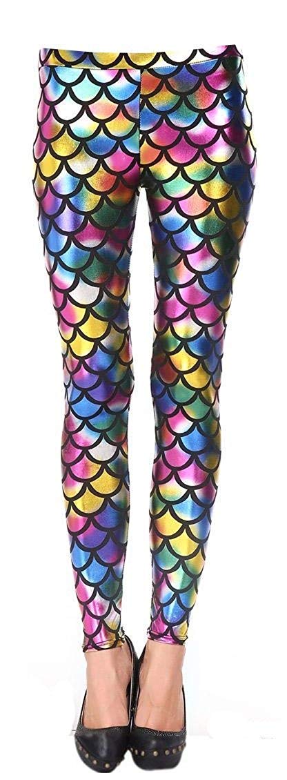 GirlzWalk New Women's Misfit Metallic Wet Look Leggings (XXL/UK 20-22, Rainbow-Fish Mermaid)