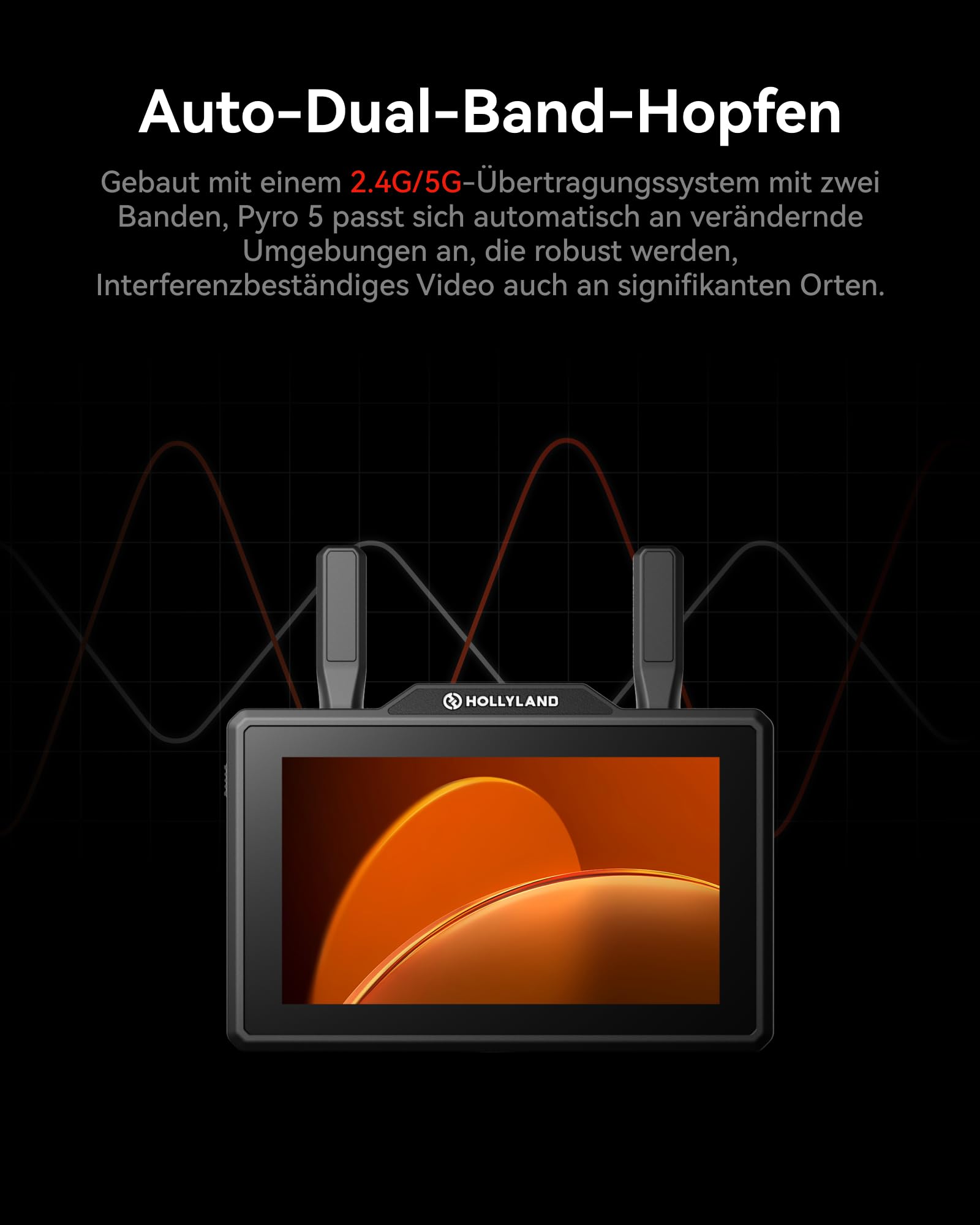 Hollyland Pyro 5 Sender und drahtlosen Videoempfänger und 5 -Zoll -HDMI & SDI 1300ft 5 -Zoll -Kamera -Monitor, 60 ms Doppelband mit Wellenform, LUTS, Aufnahme, Vektorbereich (Pyro 5)