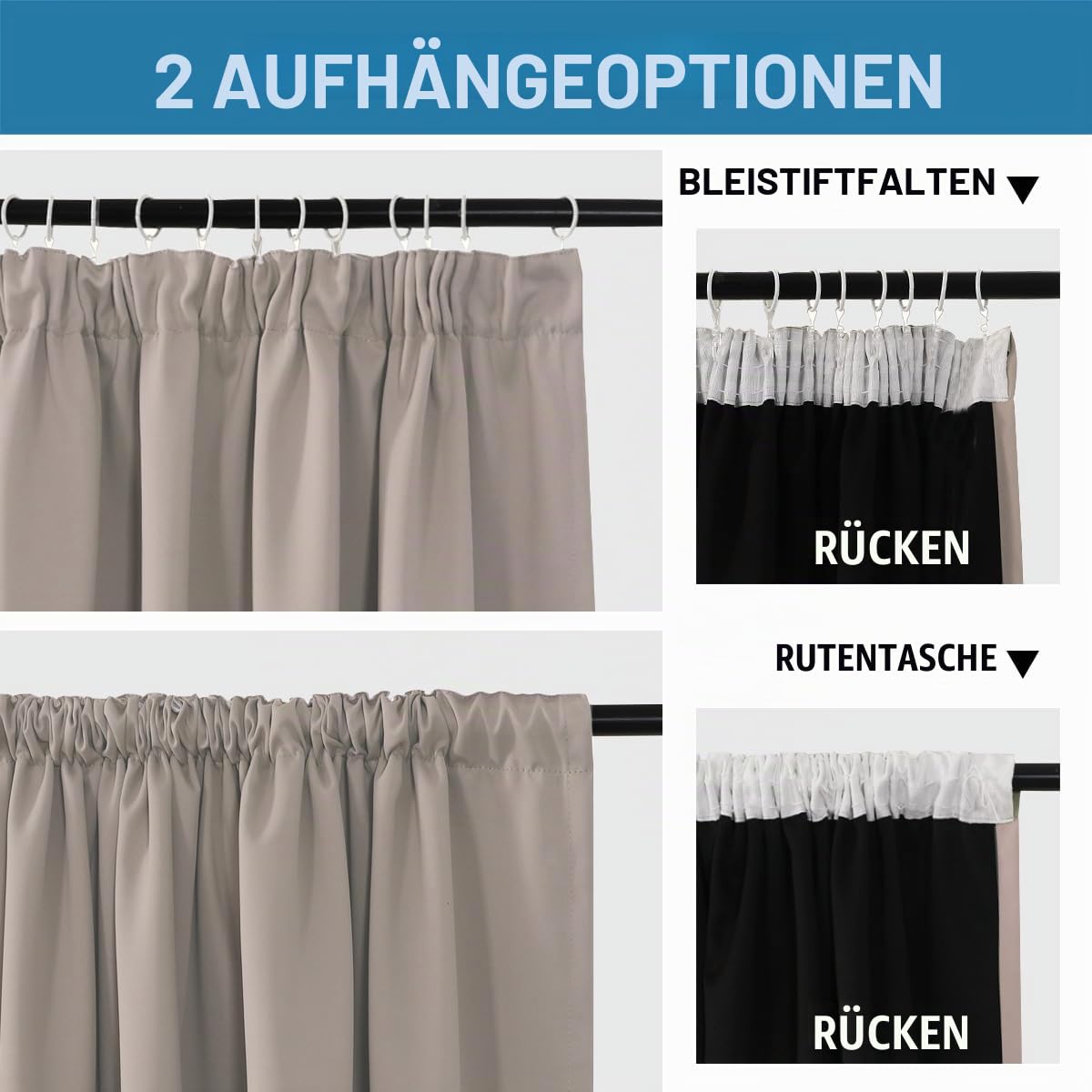 BellaHills 100% Gardinen mit Kräuselband Blickdicht Vorhang Kälteschutz Verdunklungsvorhänge Gardinen Wohnzimmer, Schallschutz Vorhang 2er Set H245 x B140 cm, Natur