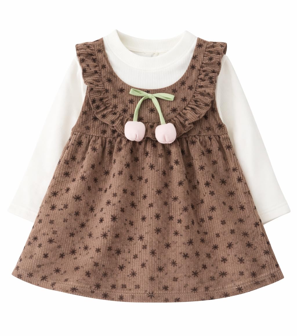 Baby Girls Floral Corduroy Full Sleeve Dress | Cherry Bow Ruffle Collar A-Line Pinafore Dress | Winter Autumn Outfit for Infants-image-1