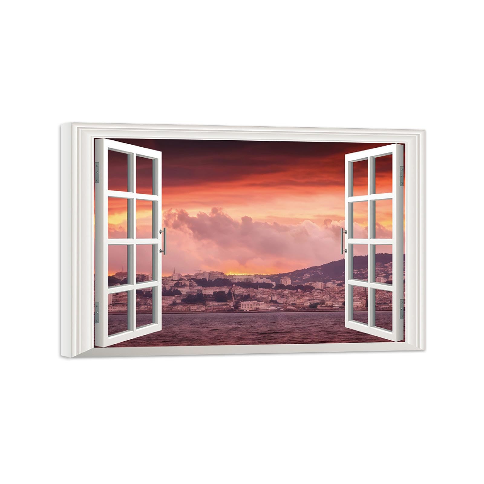 SDYSKKUG Fensterblick Bild auf Leinwand. Meer City Sonnenuntergang. Landschaftsbilder Natur Wandbilder für Wohnzimmer Schlafzimmer 45x30cm Innenrahmen