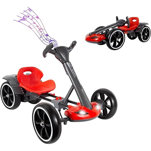 MAOO 6V Electric Go Kart for Kids (3-6 yrs), 390 Motor, 3H Endurance, 3.73Mph, Adjustable Seat, Educational Function, Tricolor Lights, Easy to Assemble, 66Lbs, Red