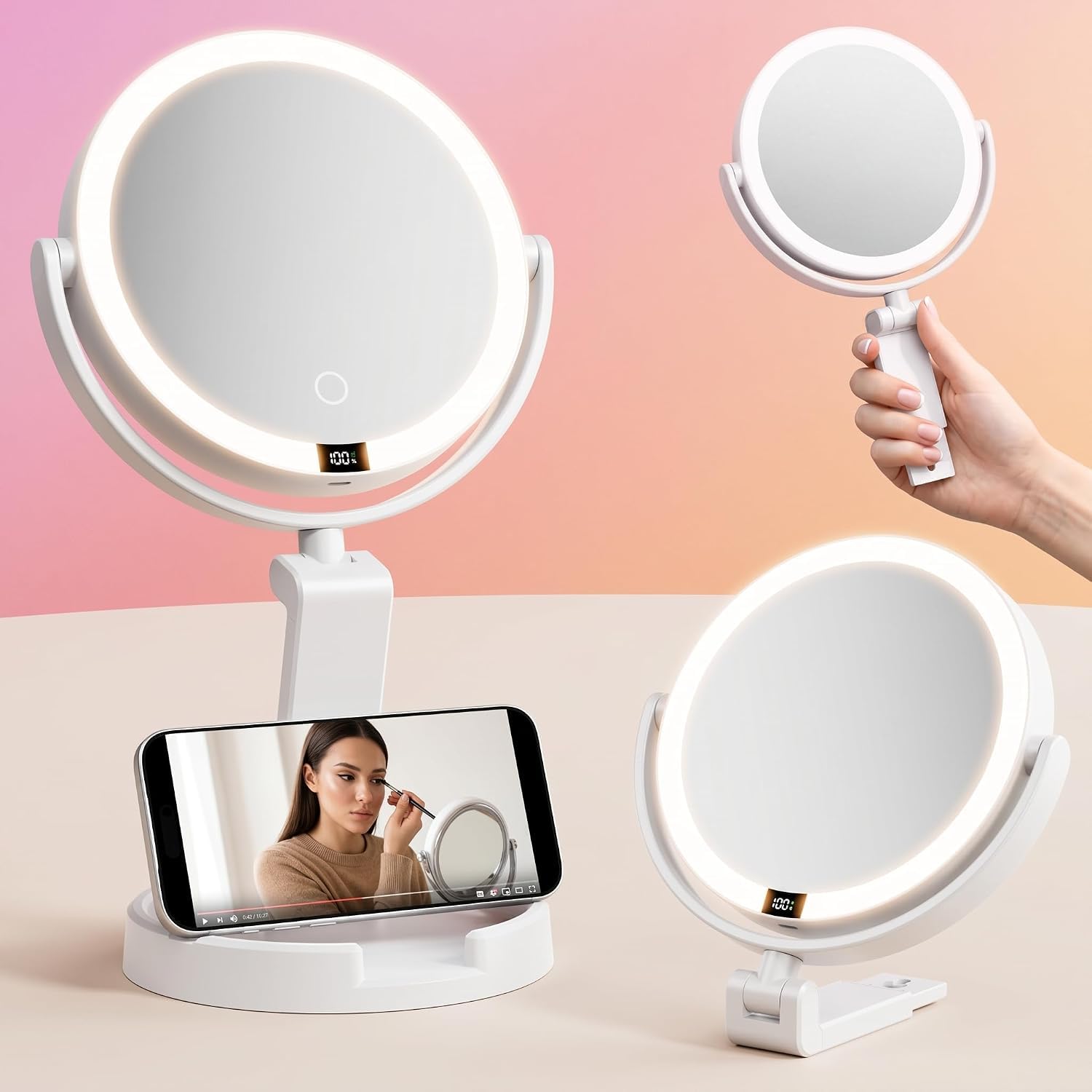 Specchio per il trucco con luci, ingrandimento 1X/30X su entrambi i | Illuminazione a 3 colori e oscuramento continuo, 2000 mAh ricaricabile, pieghevole portatile, 17,8 cm