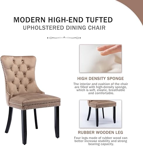 Miniatura 4 de Kiztir Juego de 2 sillas de comedor de terciopelo, sillas de comedor tapizadas con ribete de anillo y respaldo con botón, silla de comedor copetuda