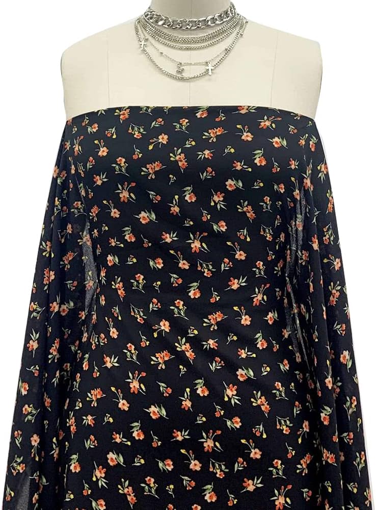 Black Cantaloupe Ditsy Floral Pattern Printed on Wool Dobby Fabric by The Yard