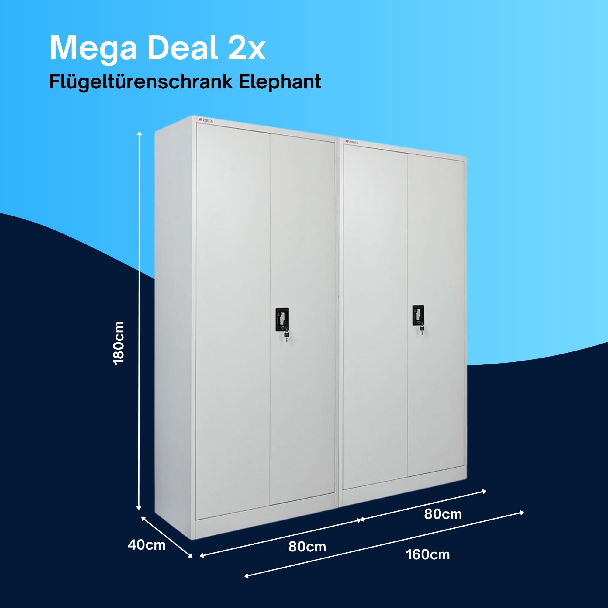 PROREGAL Mega Deal 2x Flügeltürenschrank ELEPHANT Metall Spind abschließbar 2 Türen 180x80x40cm Stahl 6 Fächern & Kleiderstange Stahlschrank Pulverbeschichtung Lichtgrau Garderobenschrank Aktenschrank