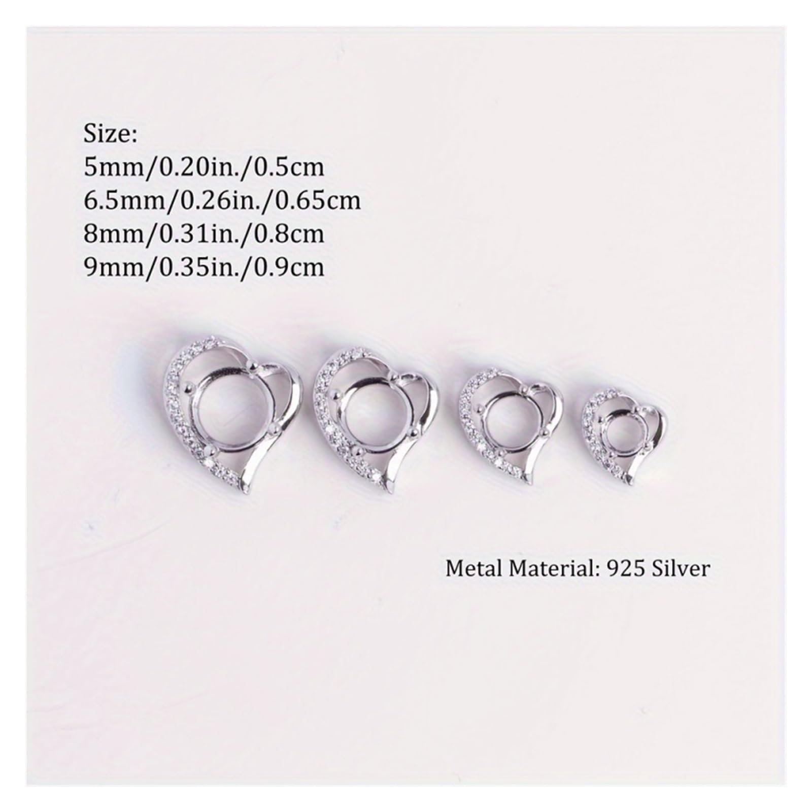 1pc 925 Sterling Silver a forma di cuore 5-9MM semplici impostazioni del pendente con montatura rotonda