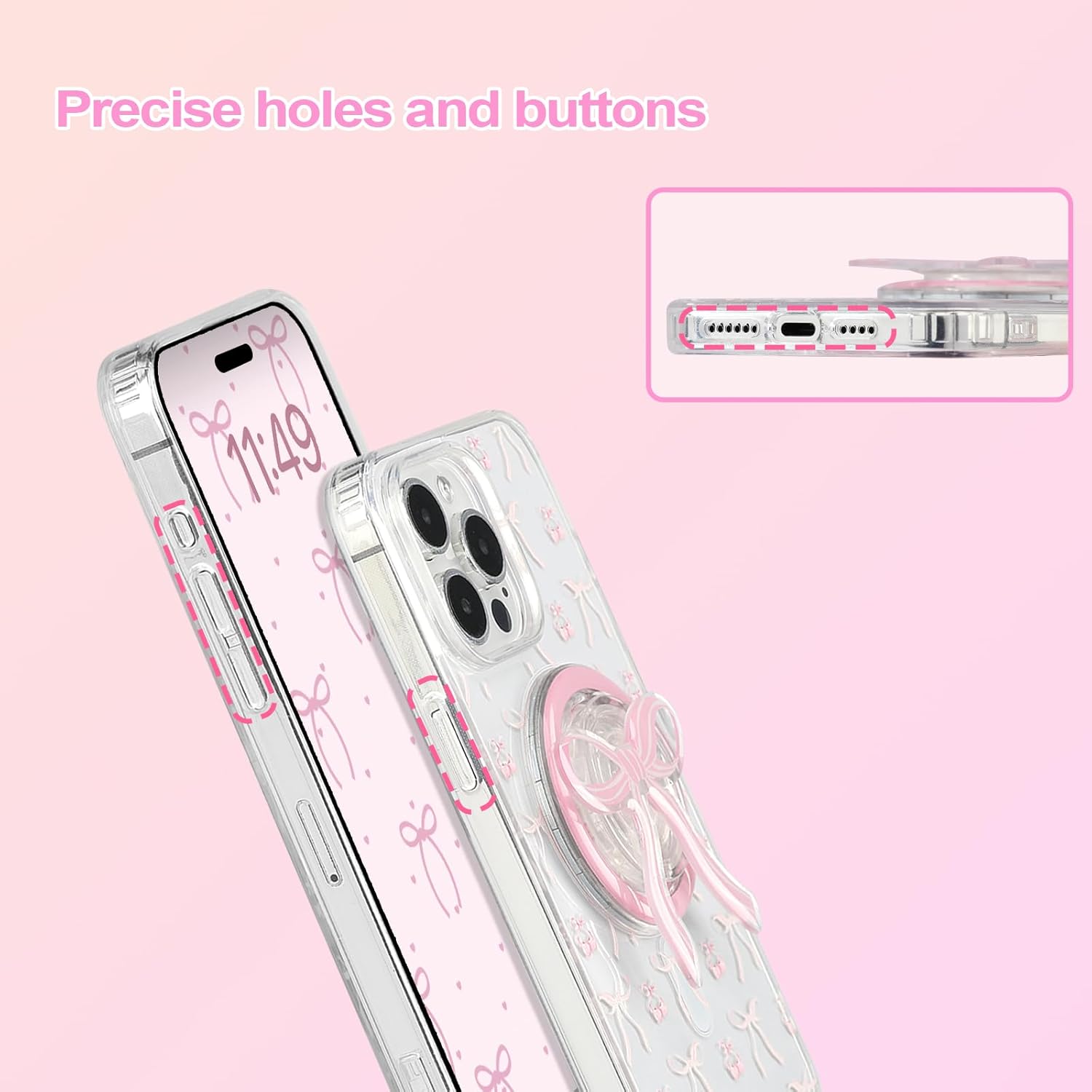 Magnetic Case for iPhone 13 Pro Max, 3D Pink Magnetic Stand Bowknot Phone Case, Cute Pink Clear Bow Aesthetic Design Soft Durable TPU Transparent Protective Cover for Women Girls-01 - Image 3