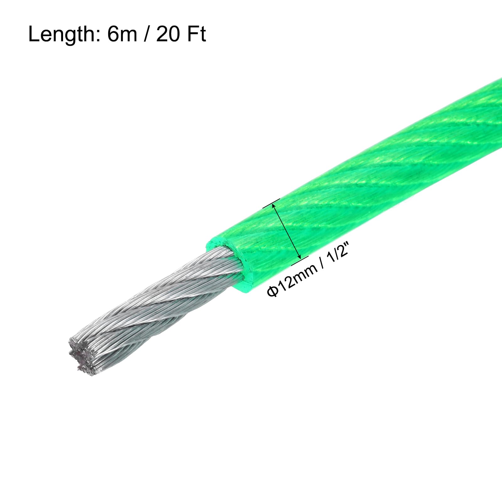 MECCANIXITY 12mm (1/2 inch) Green Vinyl Coated Wire Rope, 6m /20ft Galvanized Steel Cable Wire Rope with 2PCS M12 Loop Sleeves for String Light Hanging, Deck Railing, Garden Wire