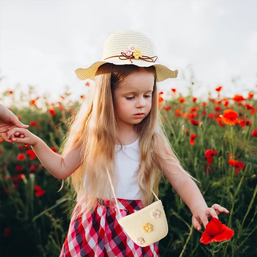 Chapeau De Soleil Et Sac en Tricot De Paille 3 Pièces,Lunette De Soleil,Chapeau Paille Enfant 3-8 Ans avec Décoration Florale pour Accessoires Voyage Extérieur(Blanc Crème)