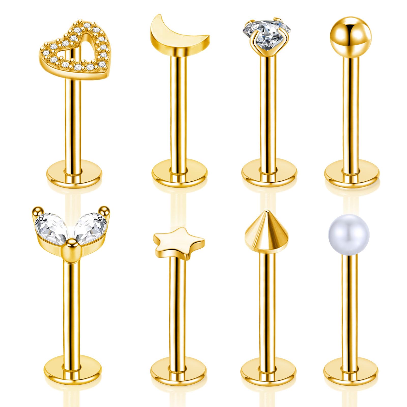 Gojewen8 piezas piercing labio 6mm 8mm 10mm piercing Labret Studs Acero Inoxidable 16G Plata Oro Hélice Medusa Ashely Piercing Stud Luna CZ Corazón