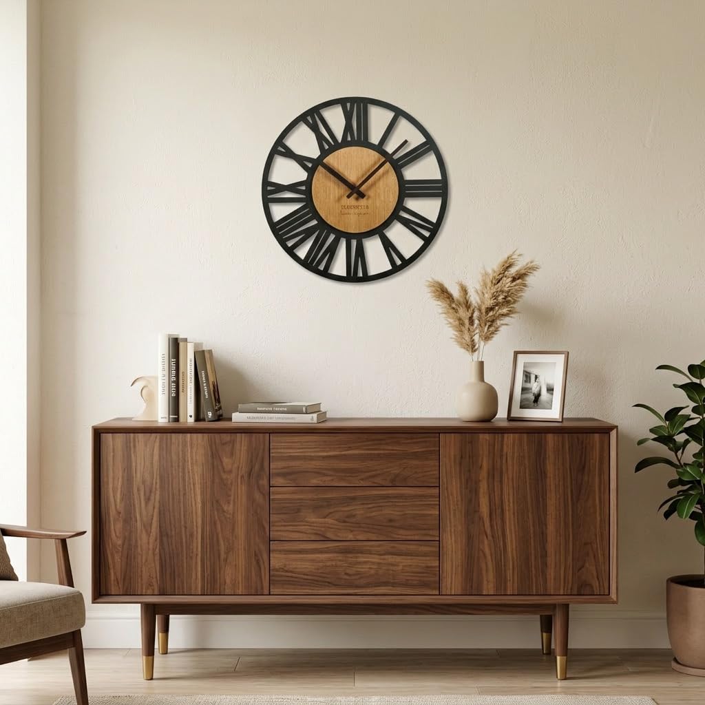 FLEXISTYLE Wanduhr groß Adulto 50cm Durchmesser LOFT aus Holz Eiche ohne tickgeräusche Wohnzimmer (Schwarz/Eiche), z219-1/1ad-d9-x 50cm Made in EU