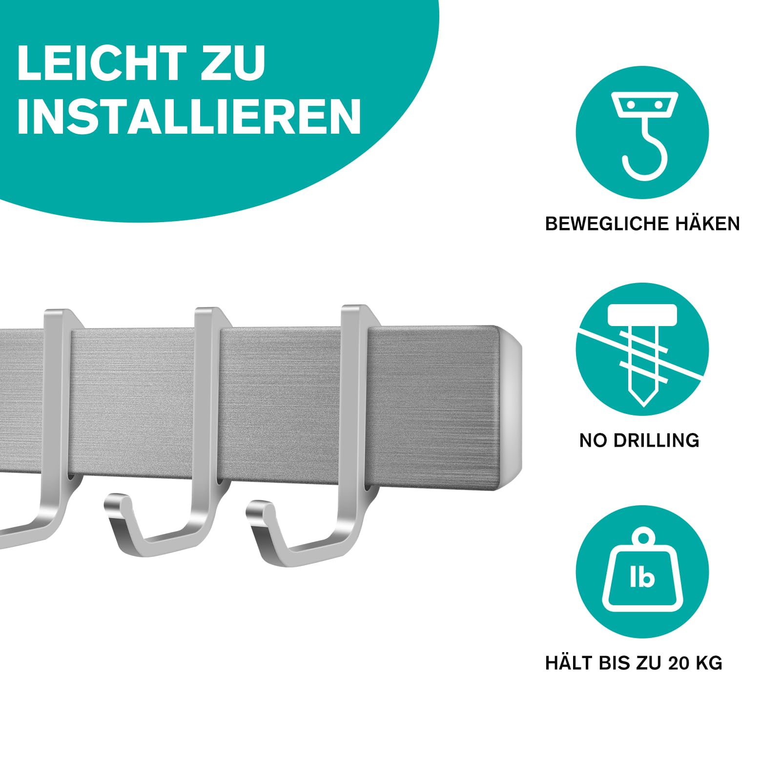 Barra Portautensili Da Cucina - 60cm, 10 Ganci, Con Portarotolo, Adesivo O A Viti, Grigio - Foto 12