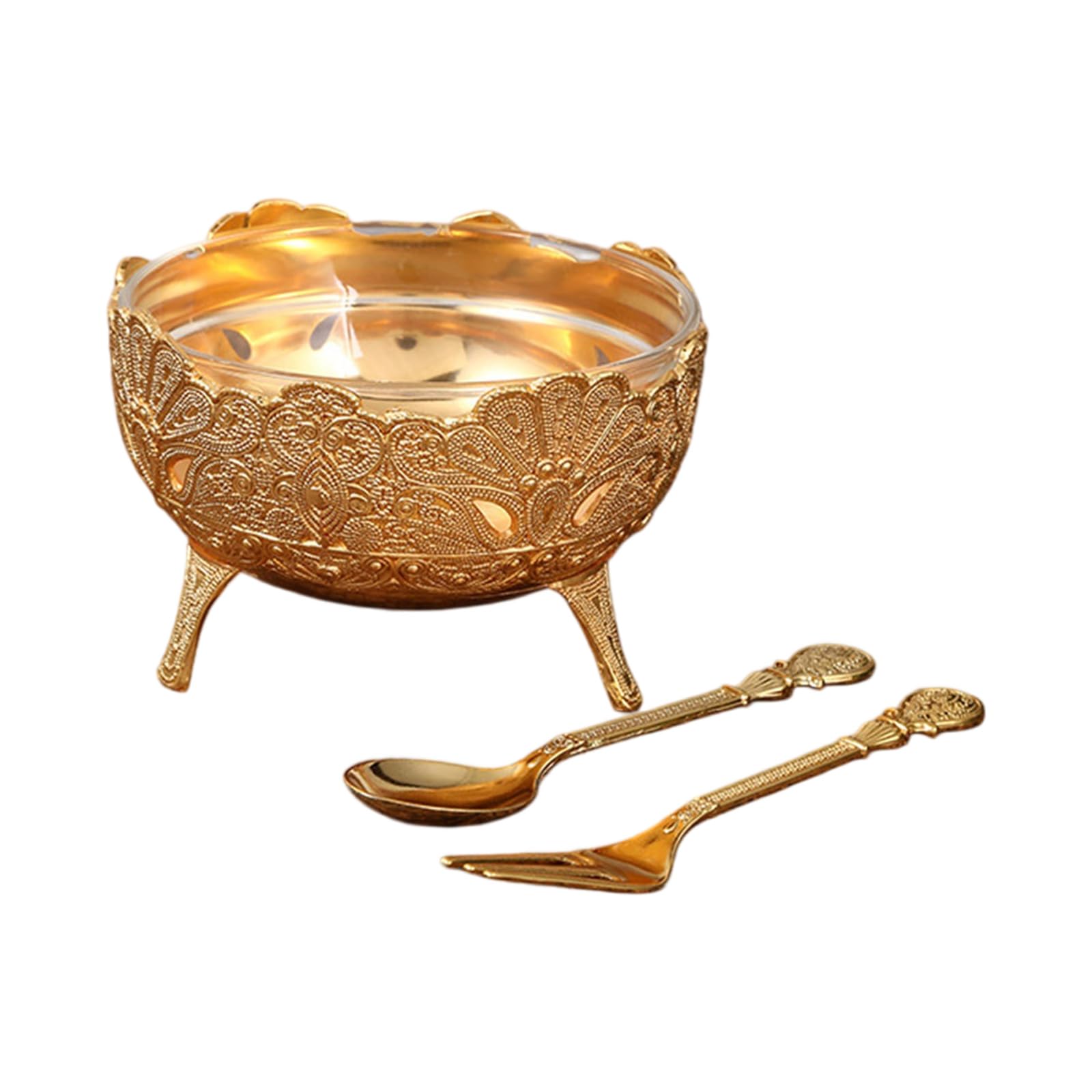 Tsophreniq European Glass Ice Cream Bowl with Metal Base and Spoon Fork Set for Dessert and Snacks Salad Serving Cup Kitchen Utensils