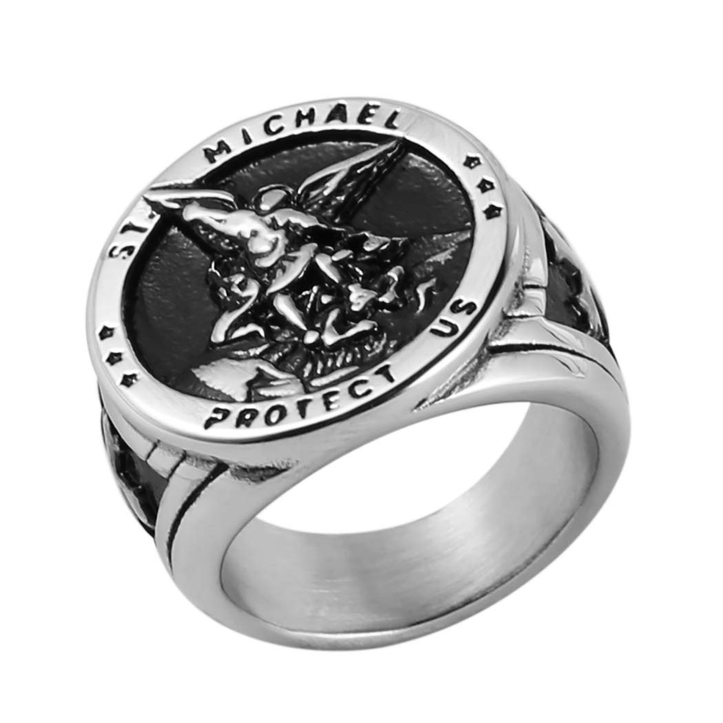 HZMAN St. Michael Archangel Stainless Steel Amulet Ring,Waterproof
