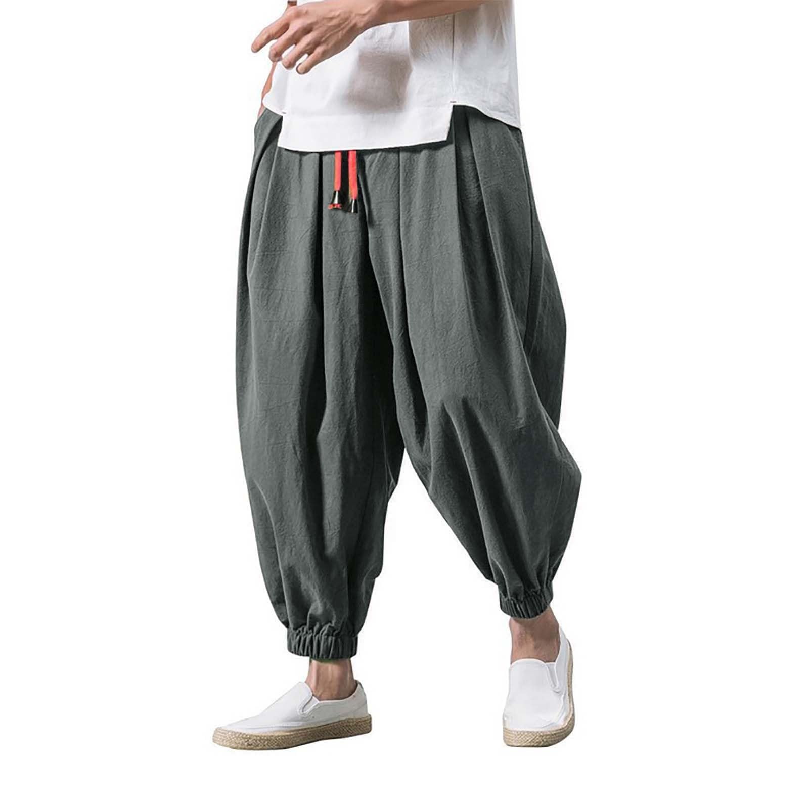 Bukknye Men's Gy2 Cotton Linen Harem Pants Casual Loose Hippie Yoga Beach Pants(,L)