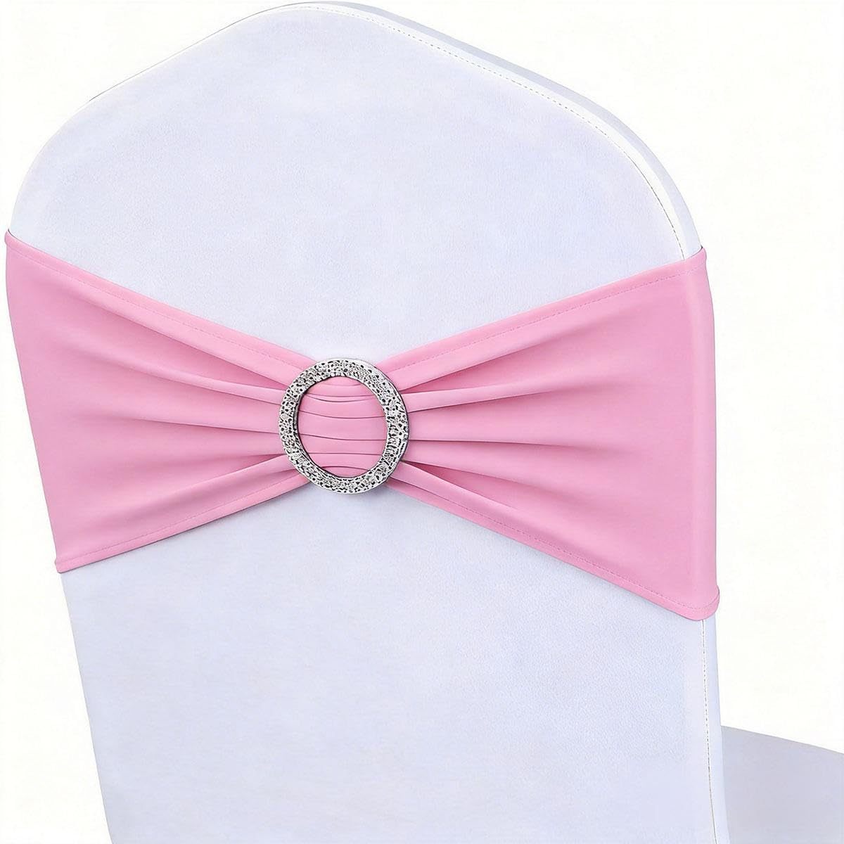 50 Pack Pink Chair Sashes, Light Pink Spandex Chair Bands for Wedding Gender Reveal Party Decor, Baby Pink Bows for Folding Chairs