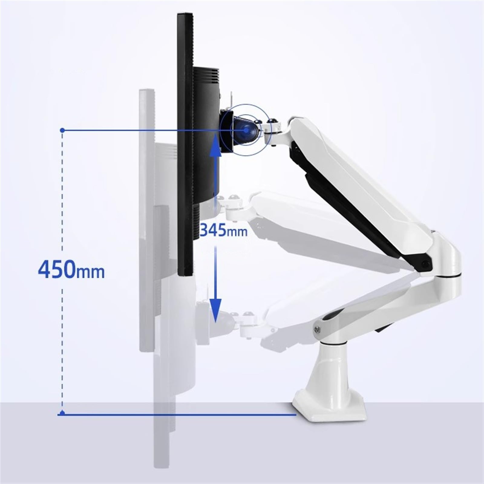 Uchwyt Biurkowy Na Jeden Monitor Do Większości Ekranów O Przekątnej 15"–27", Aluminiowe Ramię Z Podstawą Z Przelotką, Regulowane Sprężyny Gazowe, Vesa 75/100 Mm,White