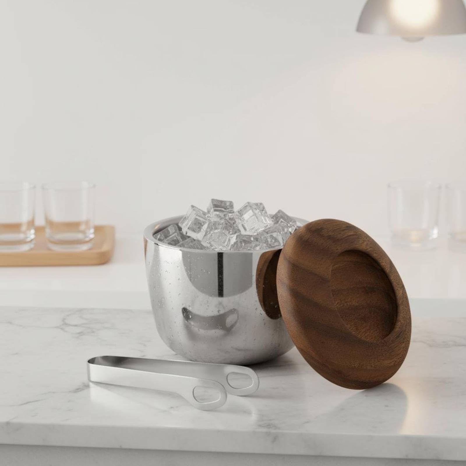 KESOTO Cubitera de Acero Inoxidable 304 con Tapa Cubo de Hielo con Pinzas Contenedor para Servicio de Bebidas Diseño Decorativo con Tapa de Aspecto Madera Adecuada para Barras Cenas Sala de Estar