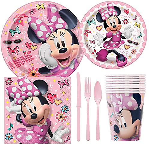 Paquete de suministros para fiesta de cumpleaños de Minnie Mouse de Disney, incluye platos para tartas y almuerzo, cubiertos, tazas, servilletas (8 invitados)