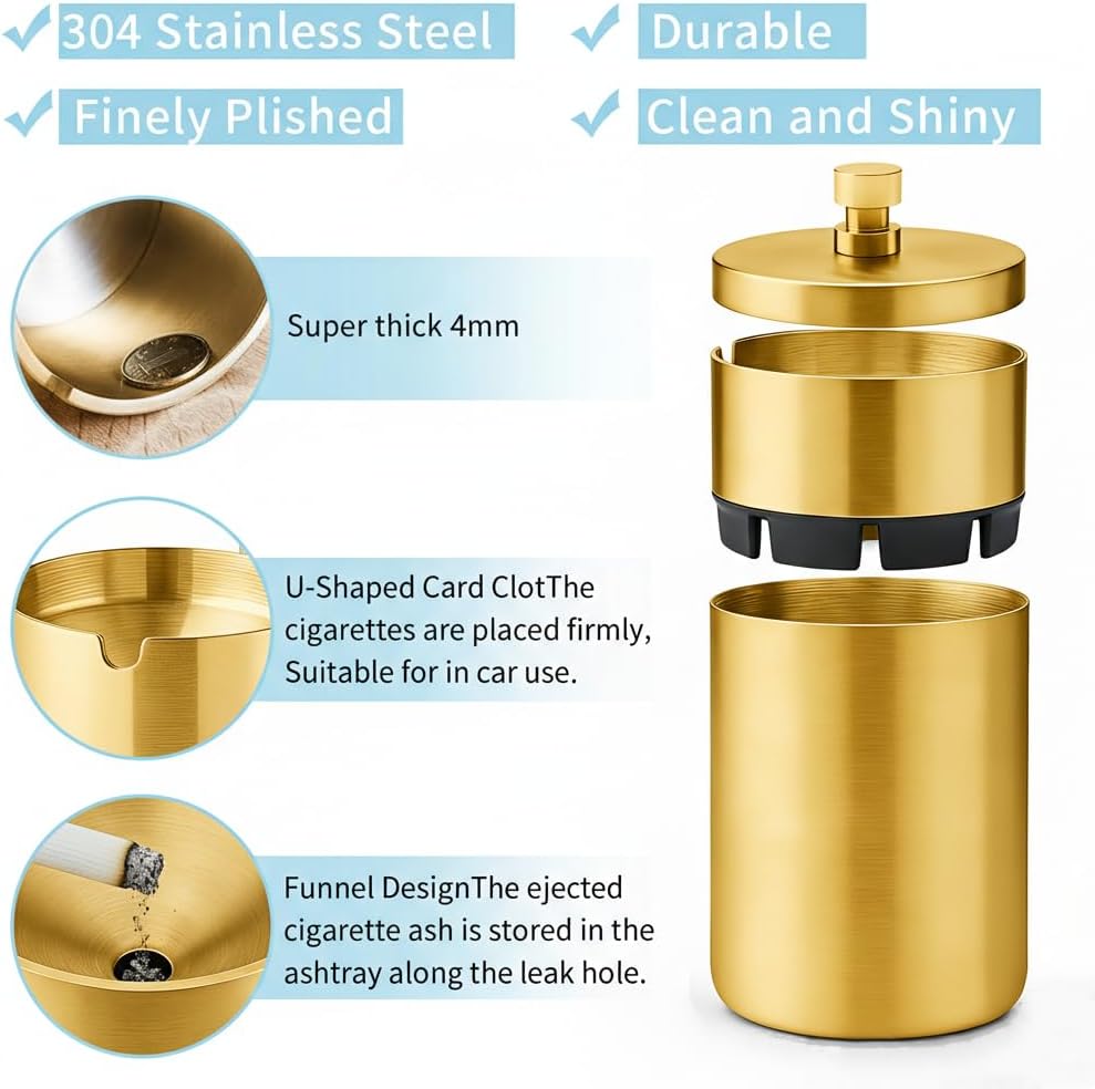 Stainless Steel Auto Ashtrays with Lid Car Ashtray Smell Proof Portable Smokeless Detachable Windproof Extinguished Butt Bucket Ash Tray for Car Cup Holder (golden)