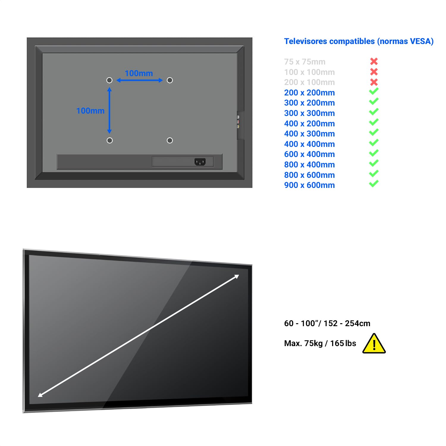 deleyCON Soporte de Pared Universal para TV 60"-100" Pulgadas (152-254cm) Inclinable 75Kg & VESA 900x600 Plasma LCD LED OLED TFT Curved