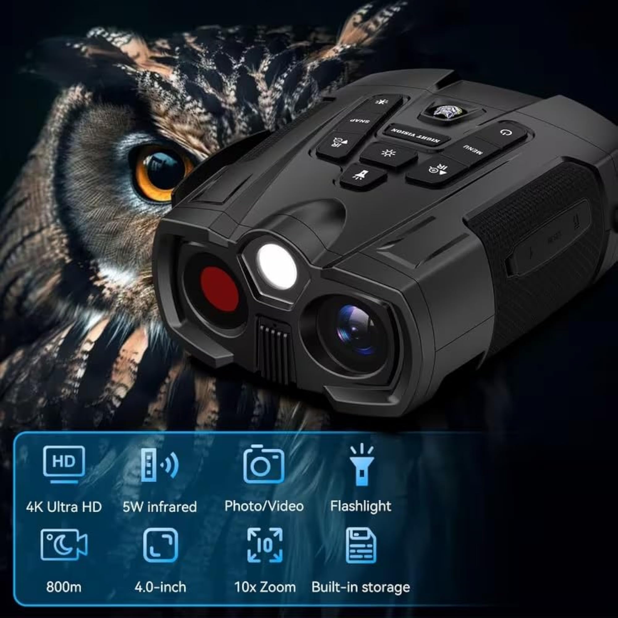 Night Vision with 4K Video Recording, 800yd Range, 5W IR & 10x Digital Zoom