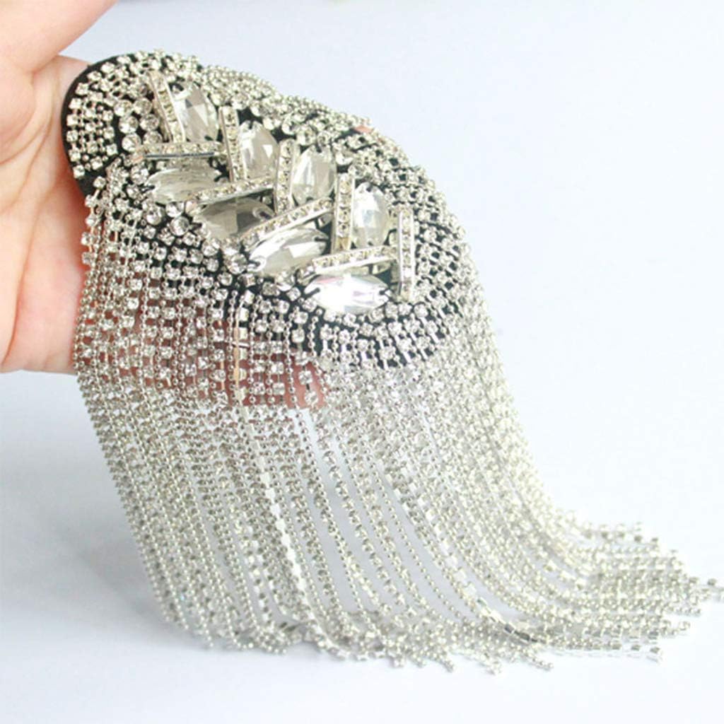 Women Men Silver Punk Fringe Shoulder Board Badge Vintage for Rhinestone Tassels Chain Epaulet Uniform Accessori