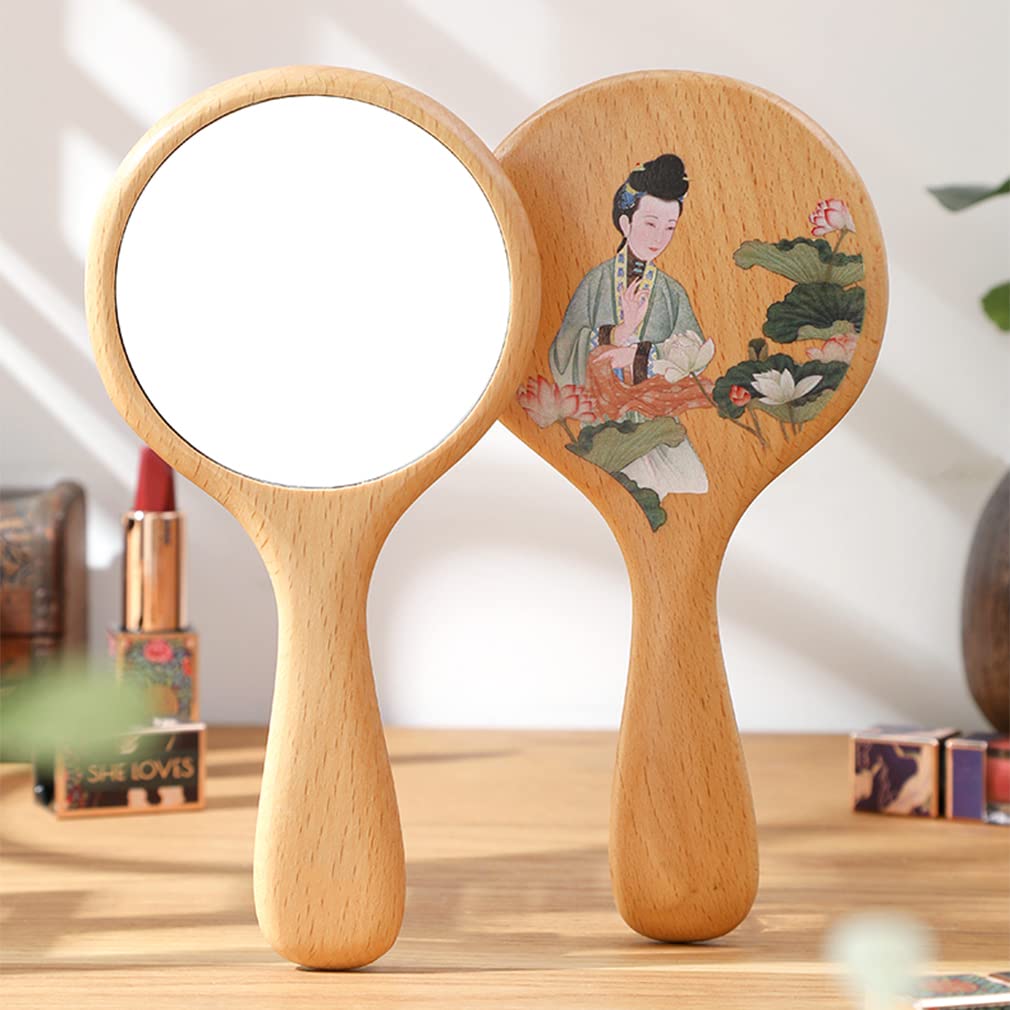 手鏡 小きめおしゃれ, トラベルハンドミラー化粧鏡, 軽量, 木の質感, 可愛手鏡シンプル木製 美容室，丸形小型トラベルミラー コンパクトハンドミラーポータブル, トラベルメイクにも最適, 緊急メイク, 便利, 手鏡パーソナルメイク、ビューティーサロン、理髪店、歯科に最適な高精細 (画像)