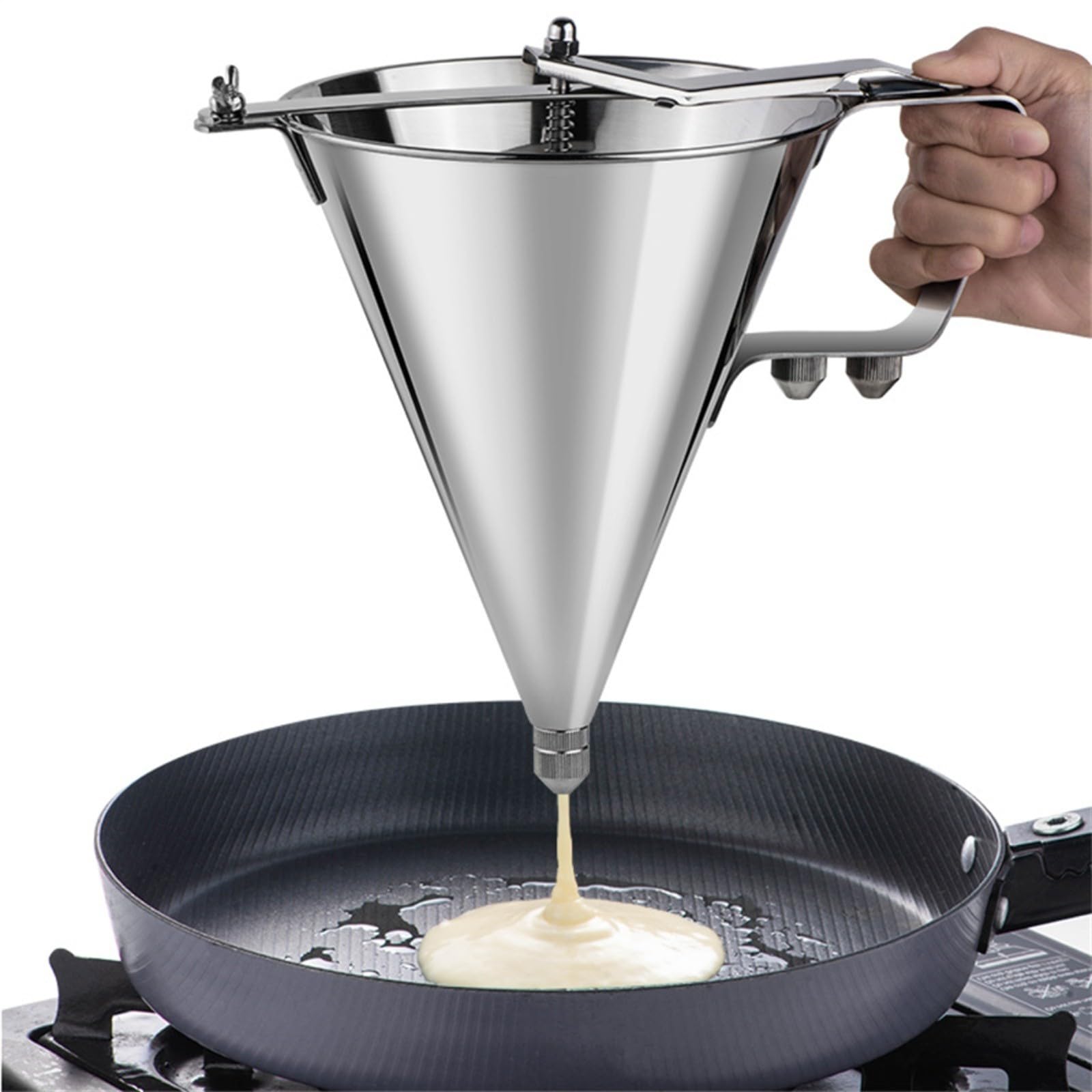 Dispensador de masa para tortitas de acero inoxidable, 1800 ml, con 3 boquillas, embudo de gran capacidad para magdalenas y salsas, dosificación precisa para cocina y panadería, plata
