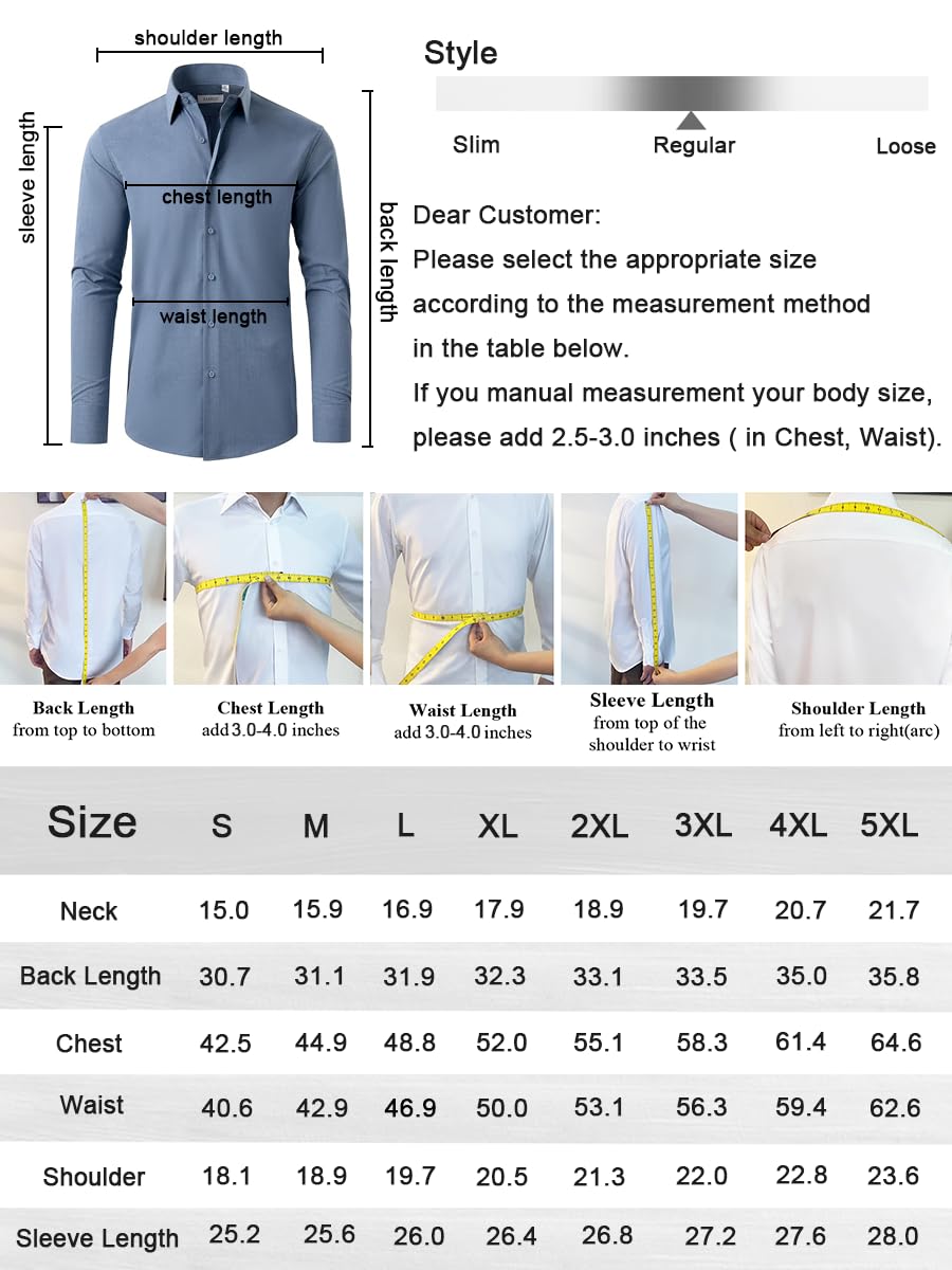 FAHIZO Camisa de vestir para hombre, casual, ajuste regular, elástica, de manga larga, con botones