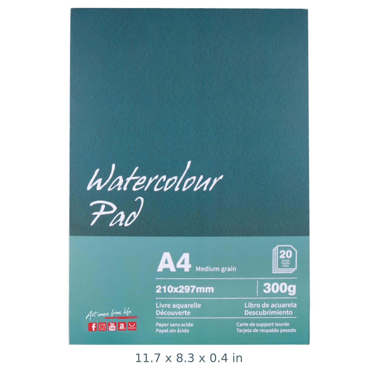 Blok papieru akwarelowego A4, 300 g/m², 20 arkuszy, jednostronnie klejone, z celulozą bawełnianą, bezkwasowy, gruby papier akwarelowy tłoczony na zimno do akwareli i malowania kredkami