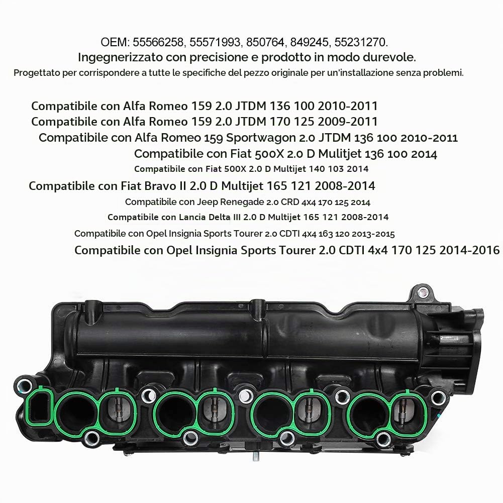 Kit collettore di aspirazione con guarnizione e alette adatto per 2.0 CDTI JTD JTDM 55571993 Popular