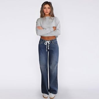 Wide Leg Jeans Woman Baggy Drawstring Jeans High Waisted Stretchy Straight Leg Jean Y2K Denim Pants with Pockets