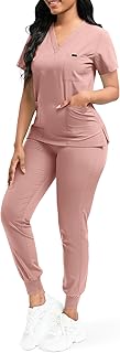 niaahinn Scrubs for Women Set Classic V-Neck Top and Yoga Jogger Pant Medical Nursing Uniform Scrubs Set (Pink, S)