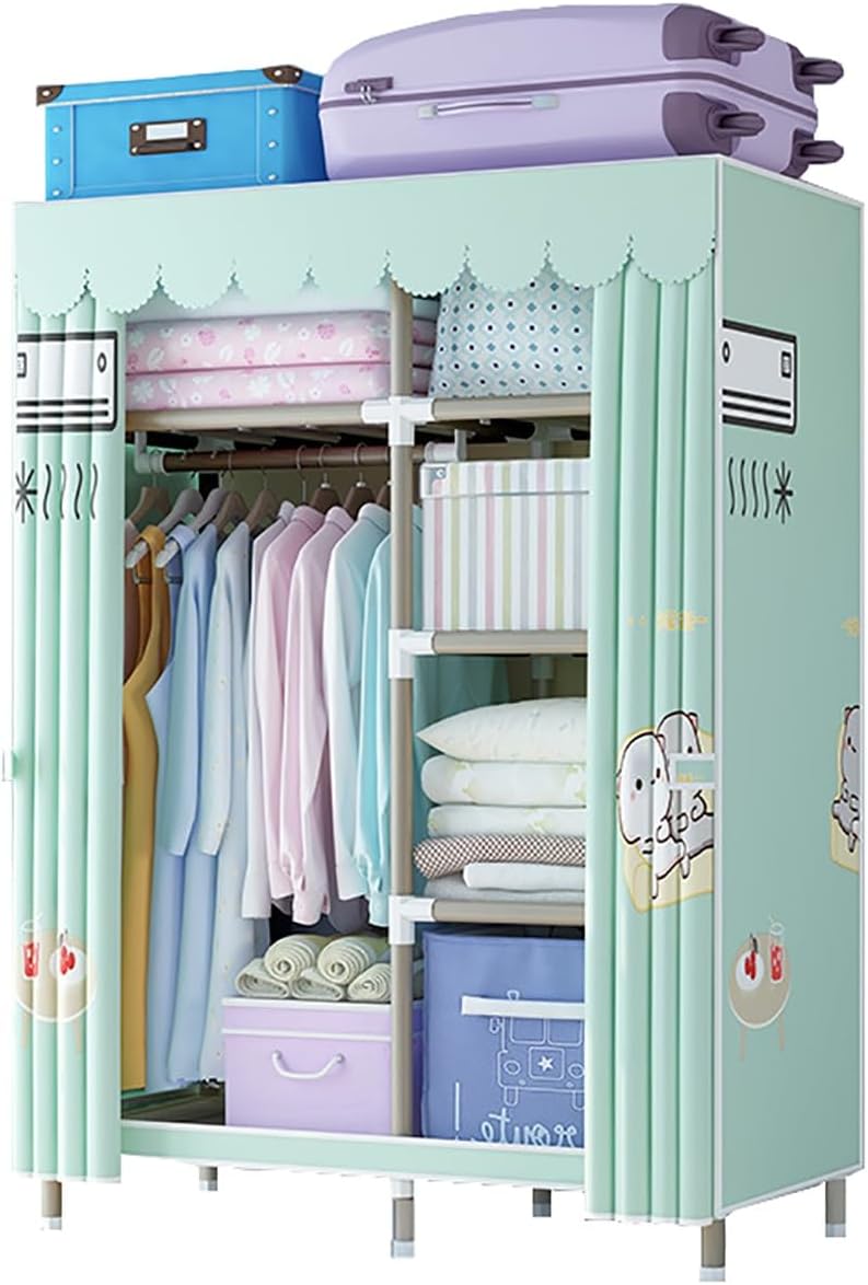 Closet for Bedroom Metal Wardrobe Closet with Hanging Rod and 5 Storage Shelves Portable Closets for Hanging Clothes Easy to Assemble (Color : Green-3, Size : 103x45x170cm)