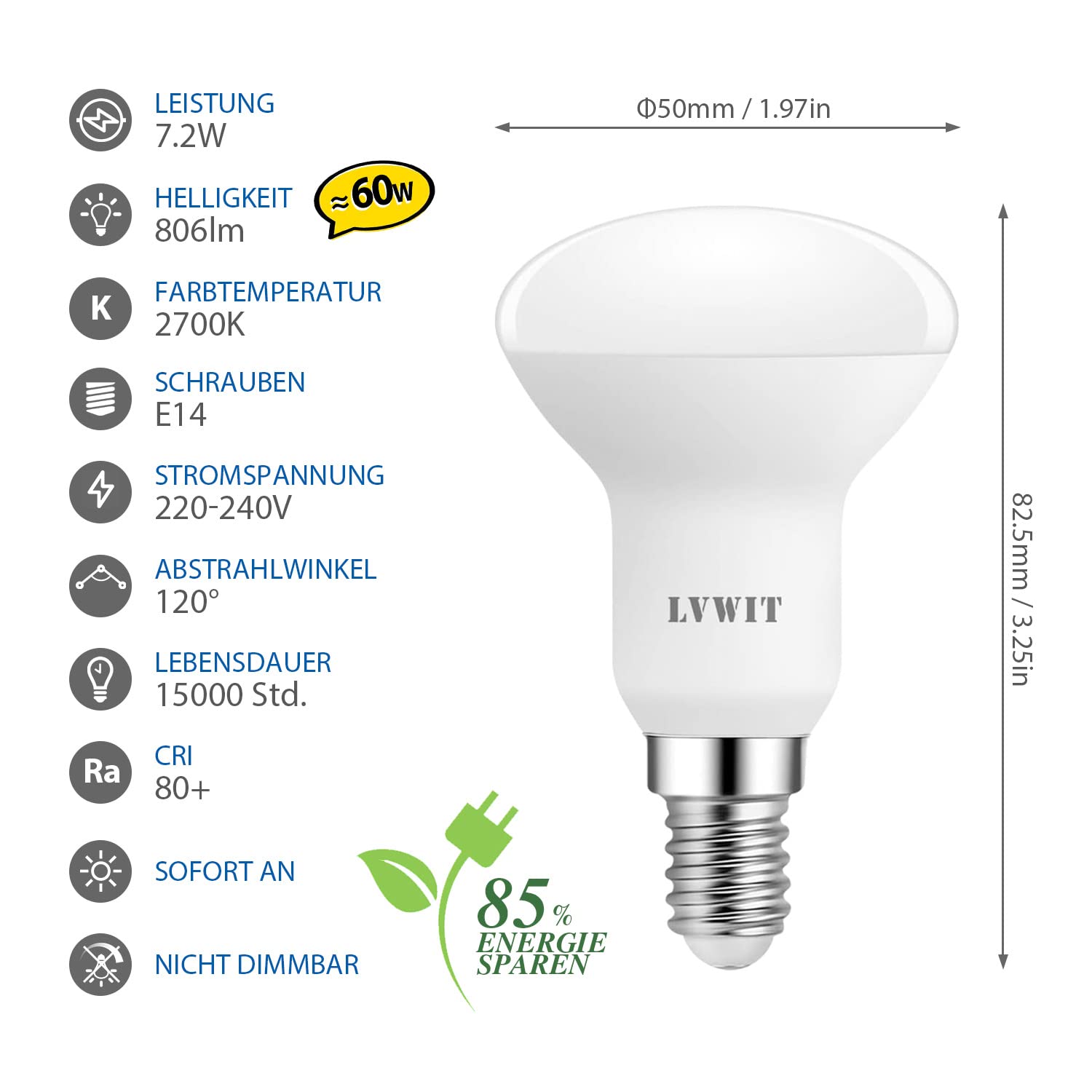 LVWIT E14 LED Lampe Warmweiß 7.2W, 806 lm Reflektorlampe 2700K, E14 LED Reflektor R50 Strahler ersetzt 60W Glühbrine, 6er Pack