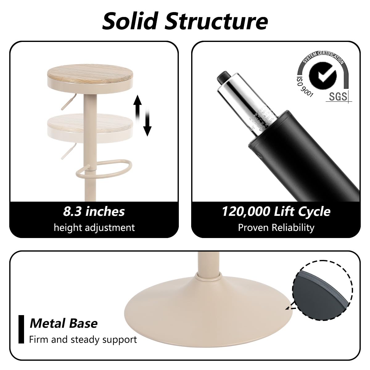 YOUNIKE Taburete de Bar Juego de 2 Taburetes de Bar de Madera Silla de Bar Alta Estructura Metálica Giratoria 360° con Reposapiés Industrial Caqui