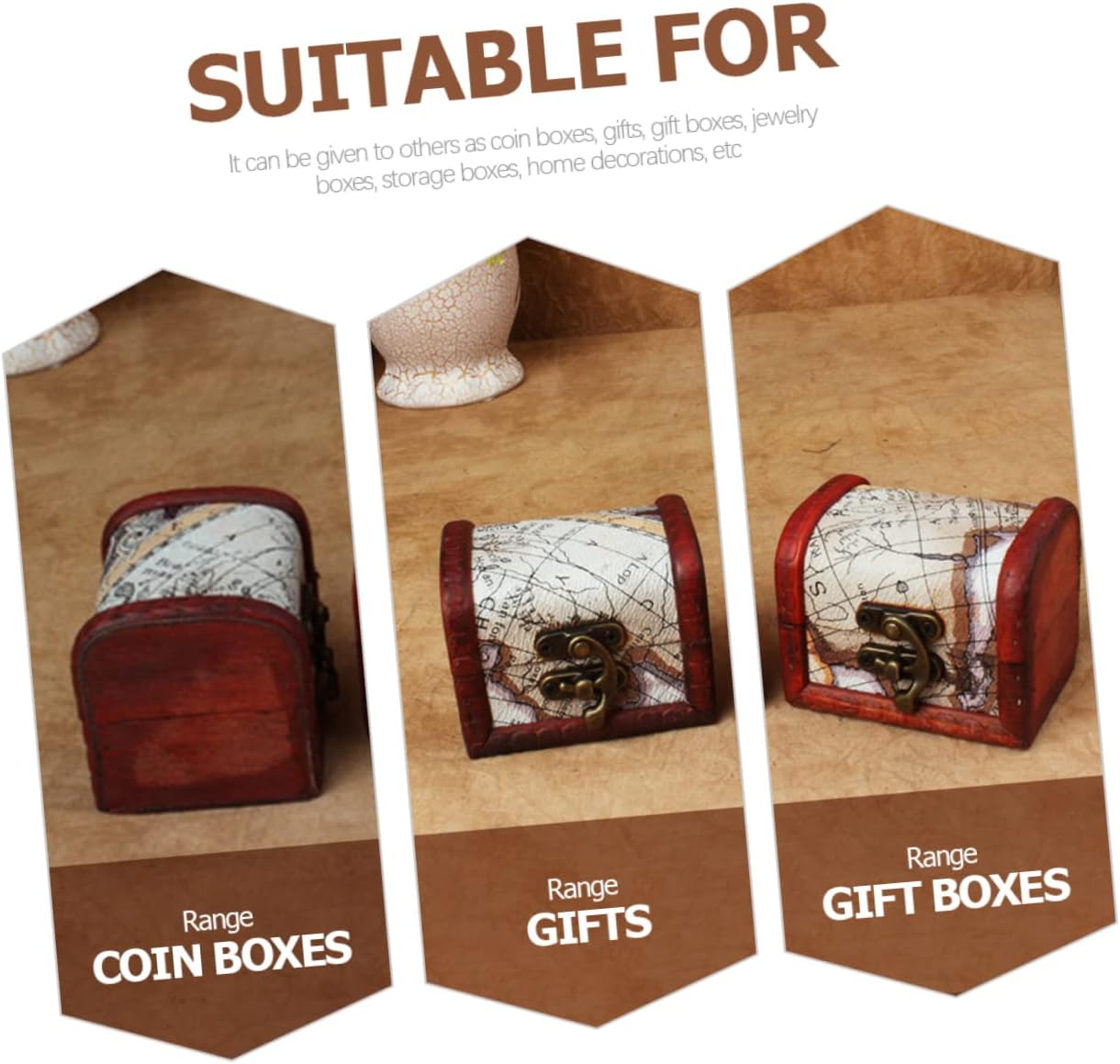 3pcs Vintage Wooden Treasure Chest Jewelry Storage Box Rustic Style Keepsake Case for Decoration