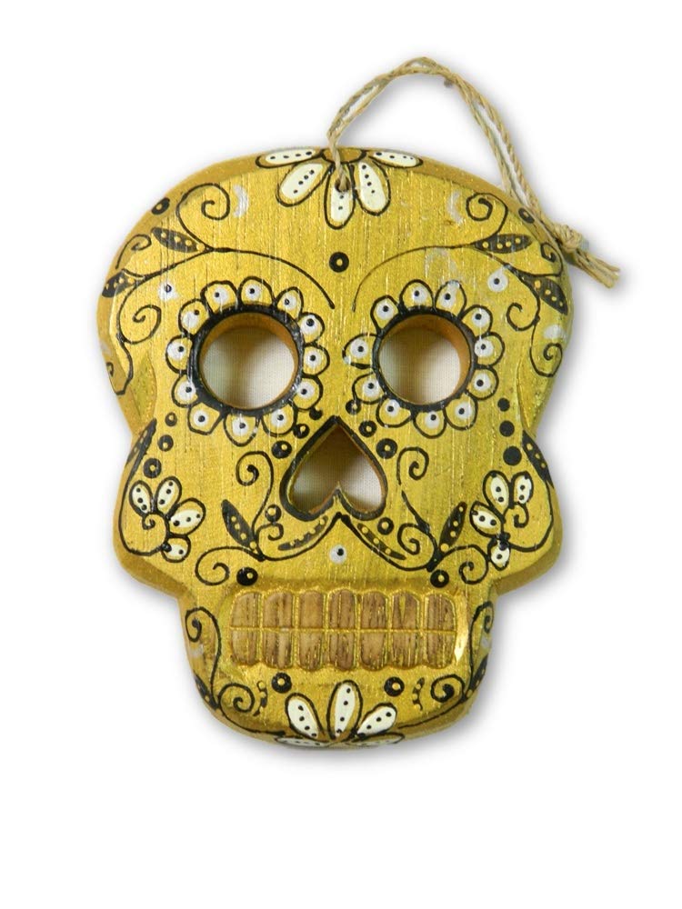 Thai Gifts Day Of The Dead, Sugar Skull Mask - Wall Hanging Plaque 12cm - Gold